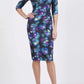 Model wearing the Diva Cynthia Floral Print dress with pleating across the front in Floral splash print front