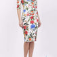 Model wearing the Diva Cynthia Floral Print dress with pleating across the front in Eden print front image