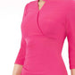 model wearing diva catwalk helston pink pencil dress with sleeves and cut out detail on the neckline front