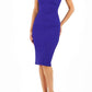 Model wearing Diva Catwalk Lydia Classic Sleeveless Bodycon Pencil Dress rounded neckline with slit in Deep Orient Blue front