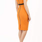 brunette model wearing diva catwalk nadia sleeveless pencil dress in sun orange colour with a contrasting black band and exposed zip at the back with a rounded neckline with a slit  in the middle back