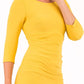 model is wearing diva catwalk polly sleeved pencil dress with low rounded neckline at the back in mustard yellow close up