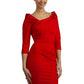 model is wearing diva catwalk pencil dress with contrasting asymmetric satin neckline in red front