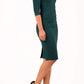model is wearing diva catwalk quatro sleeved pencil dress with asymmetric wide cut our neckline in forest green front