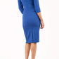 model is wearing diva catwalk quatro sleeved pencil dress with asymmetric wide cut our neckline in royal blue back