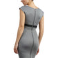 blonde model is wearing dive catwalk nadia sleeveless contrast band pencil-skirt dress with rounded neckline with a slit in the middle in grey back