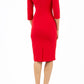 model is wearing diva catwalk quatro sleeved pencil dress with asymmetric wide cut our neckline in red back