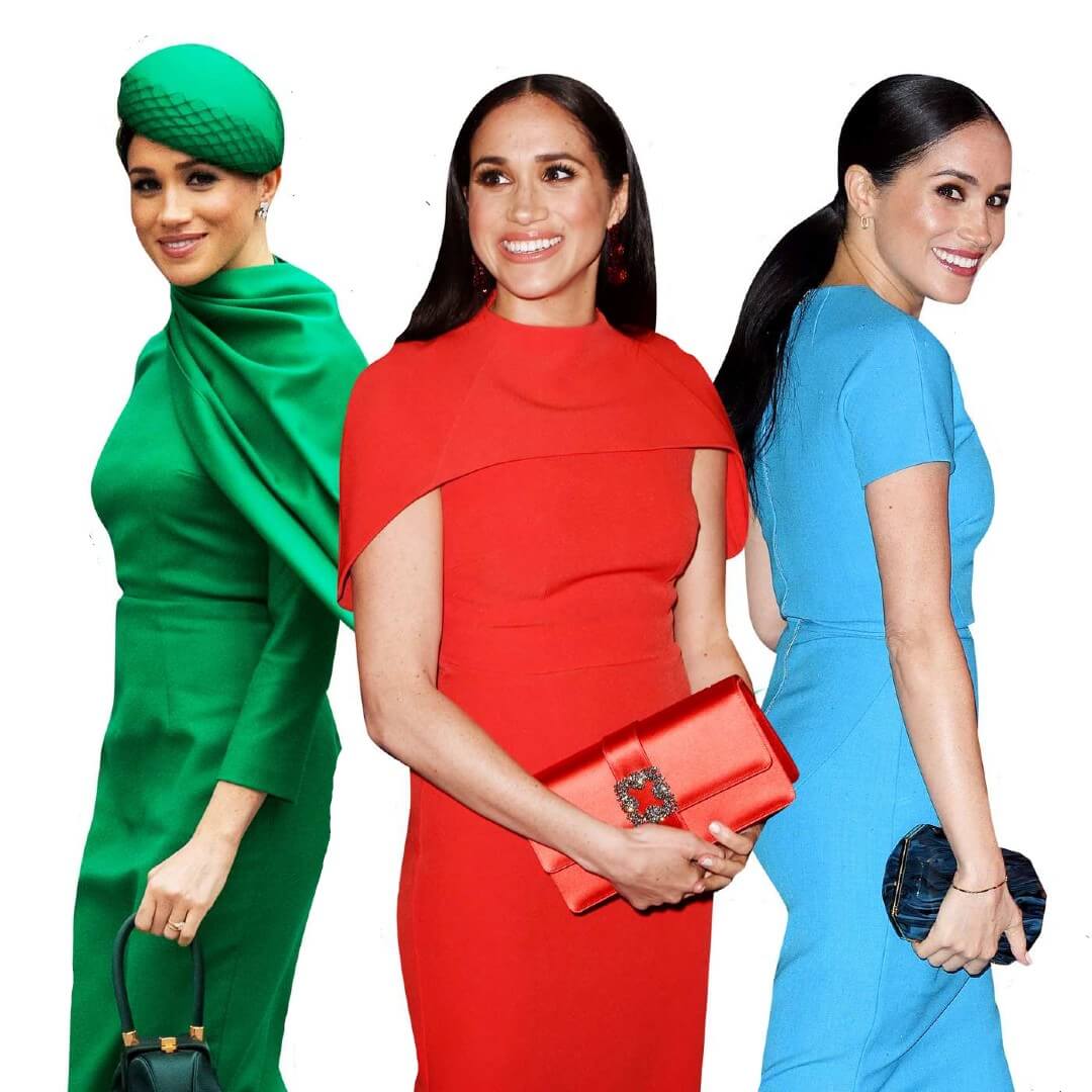 three images Meghan Markle in an emerald green pencil dress, red pencil dress and blue pencil dress