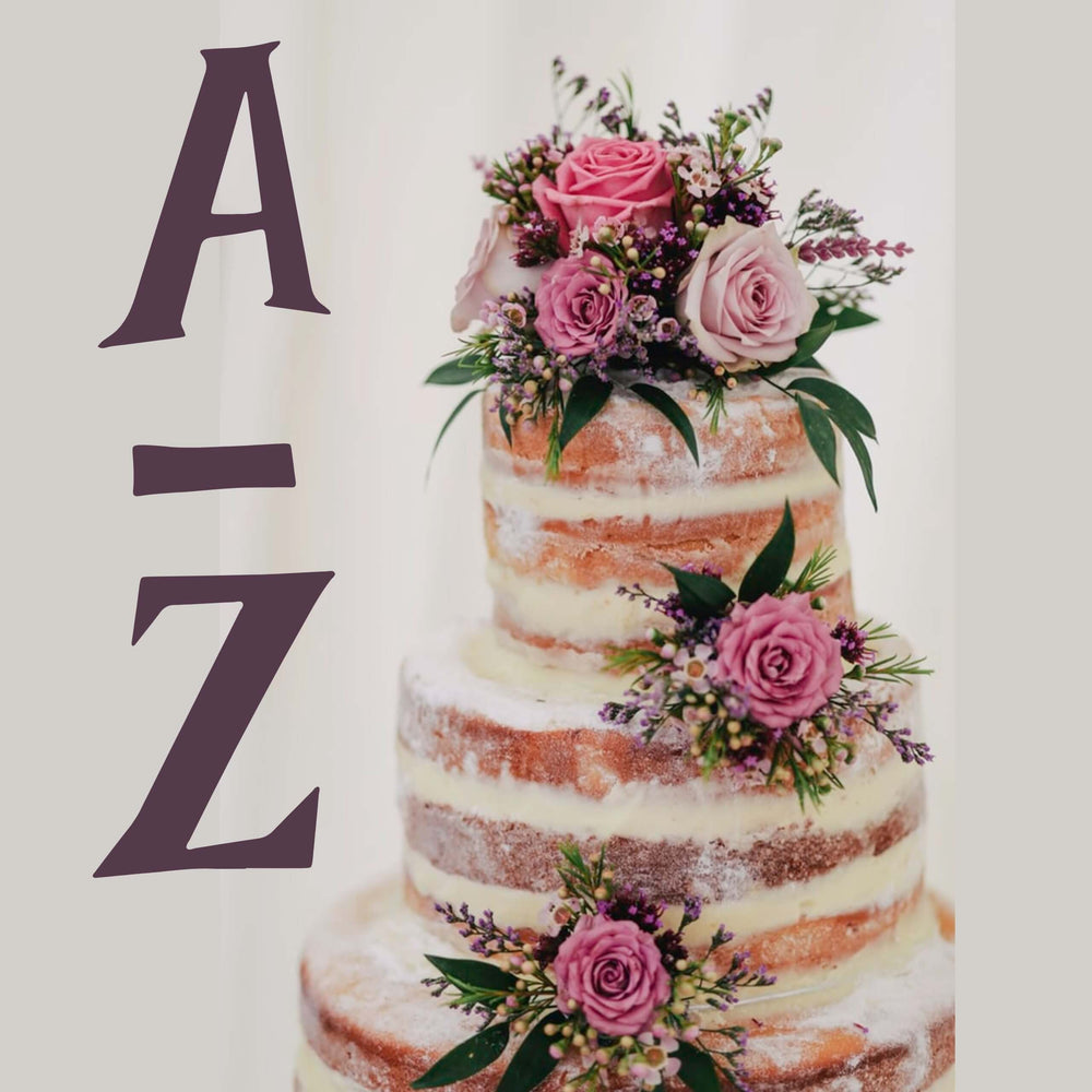 Photo of wedding cake with A-Z text, advice for Mother of the Bride and Maid of Honour