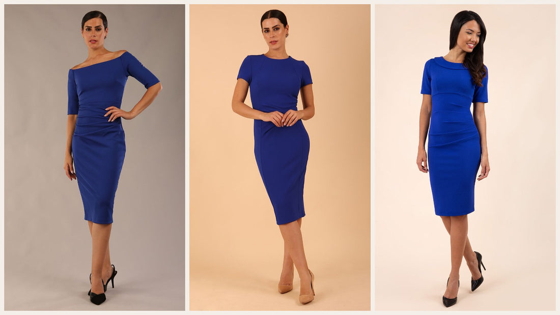Wedding guest wearing a cobalt blue pencil dress, Diva Catwalk