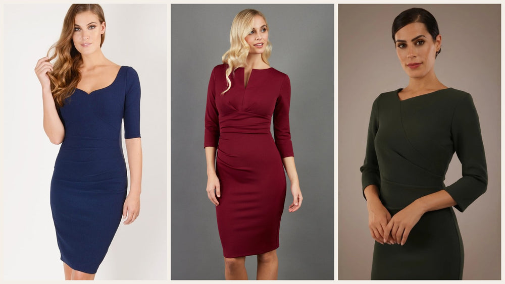 Woman wearing a navy pencil dress for work, Diva Catwalk