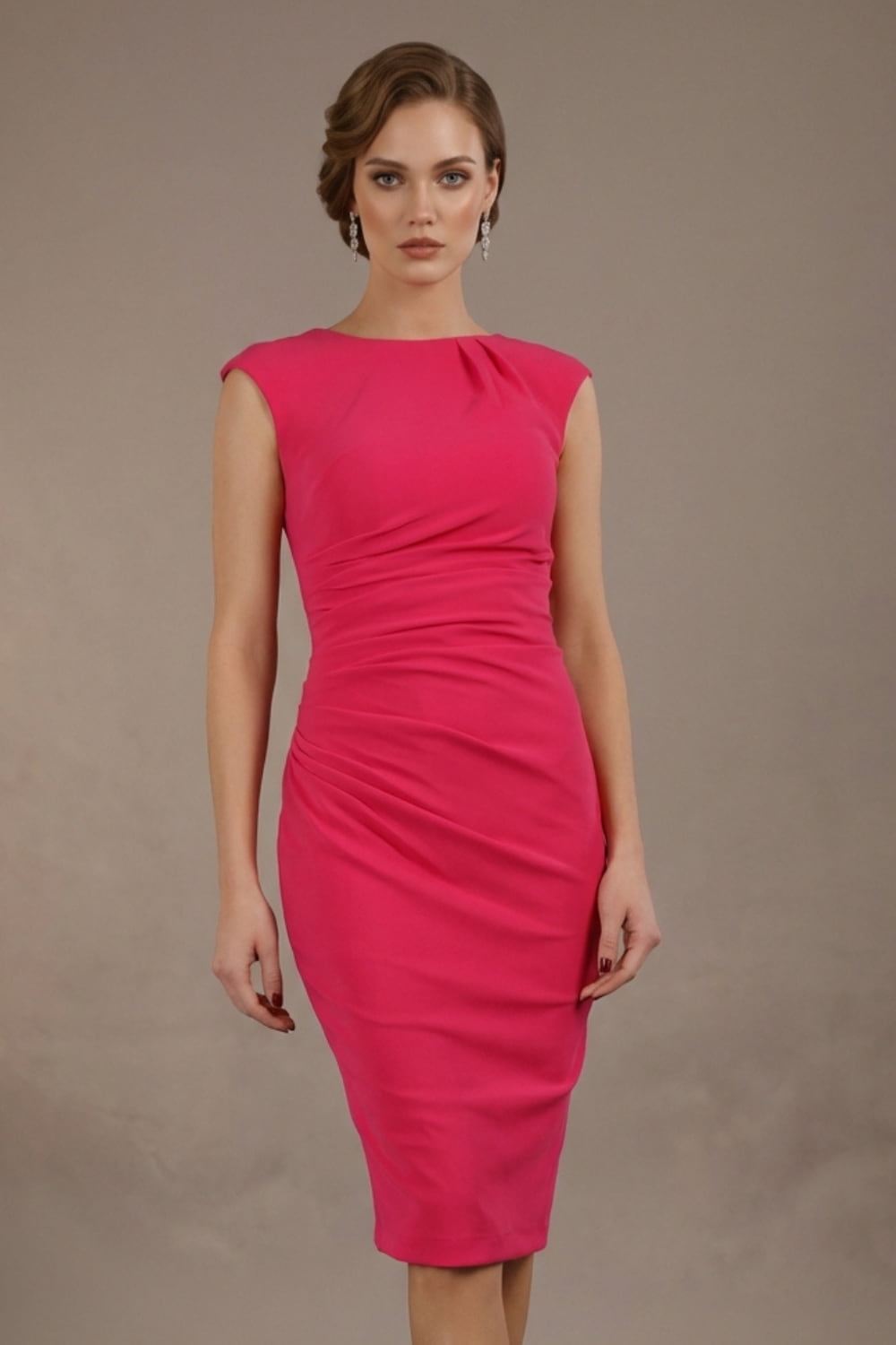 Woman wearing a pink dress against a brown background (Paradise Pink)