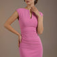 model weaing a diva catwalk LYDIA SLEEVELESS dress with pleating and round neckline with v slit -(BegoniaPink)