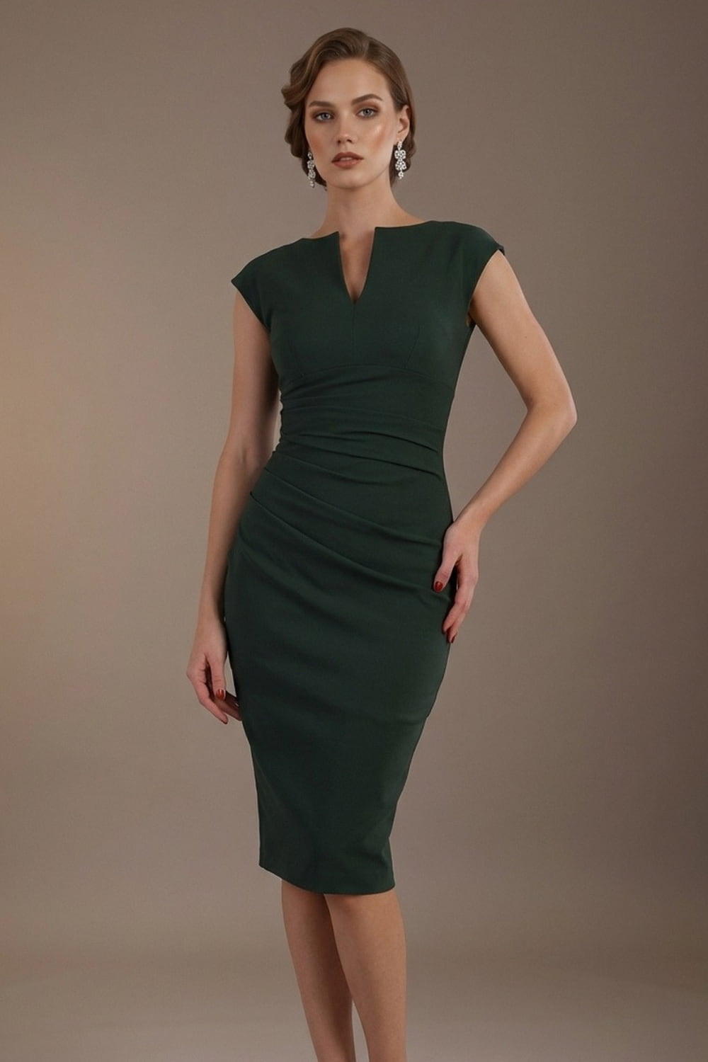 Woman wearing a green dress against a brown background (Deep Green)