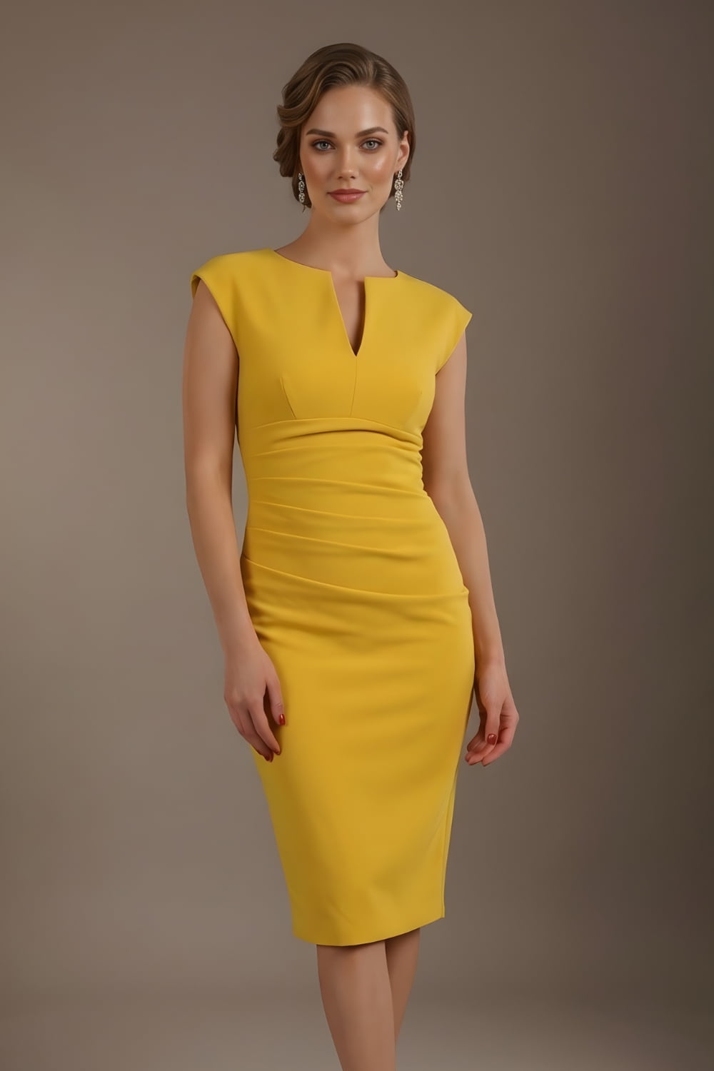 Woman wearing a yellow dress against a brown background (Mustard Yellow)