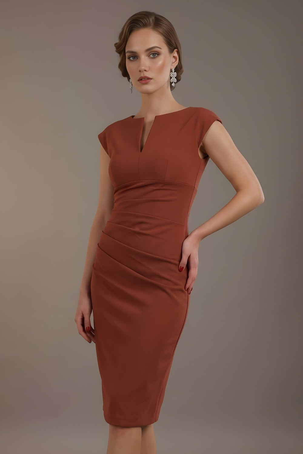 Woman wearing a brown dress against a plain background (Rustic Brown)