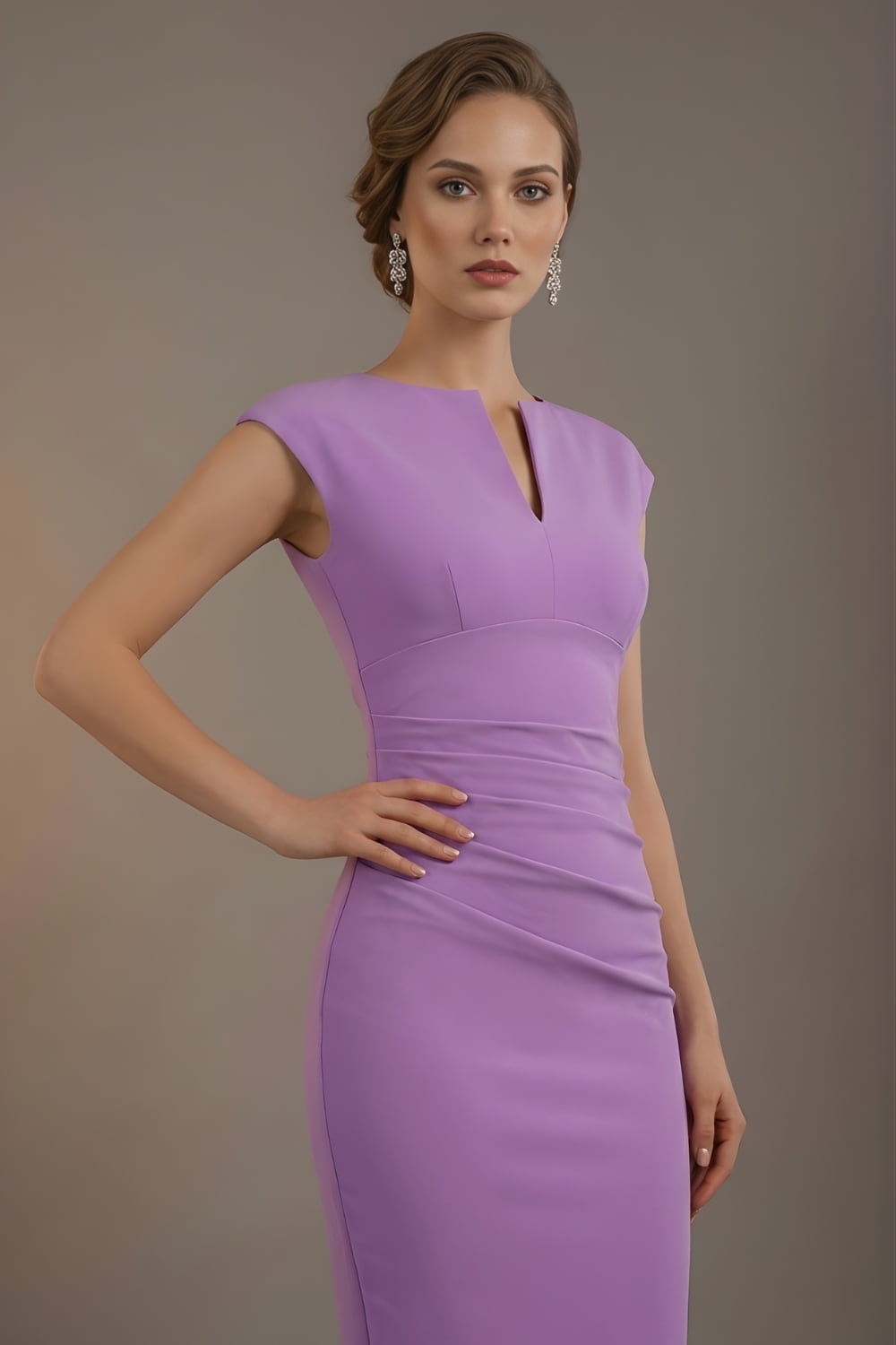 Woman wearing a purple dress against a plain background (Violet Tulip)