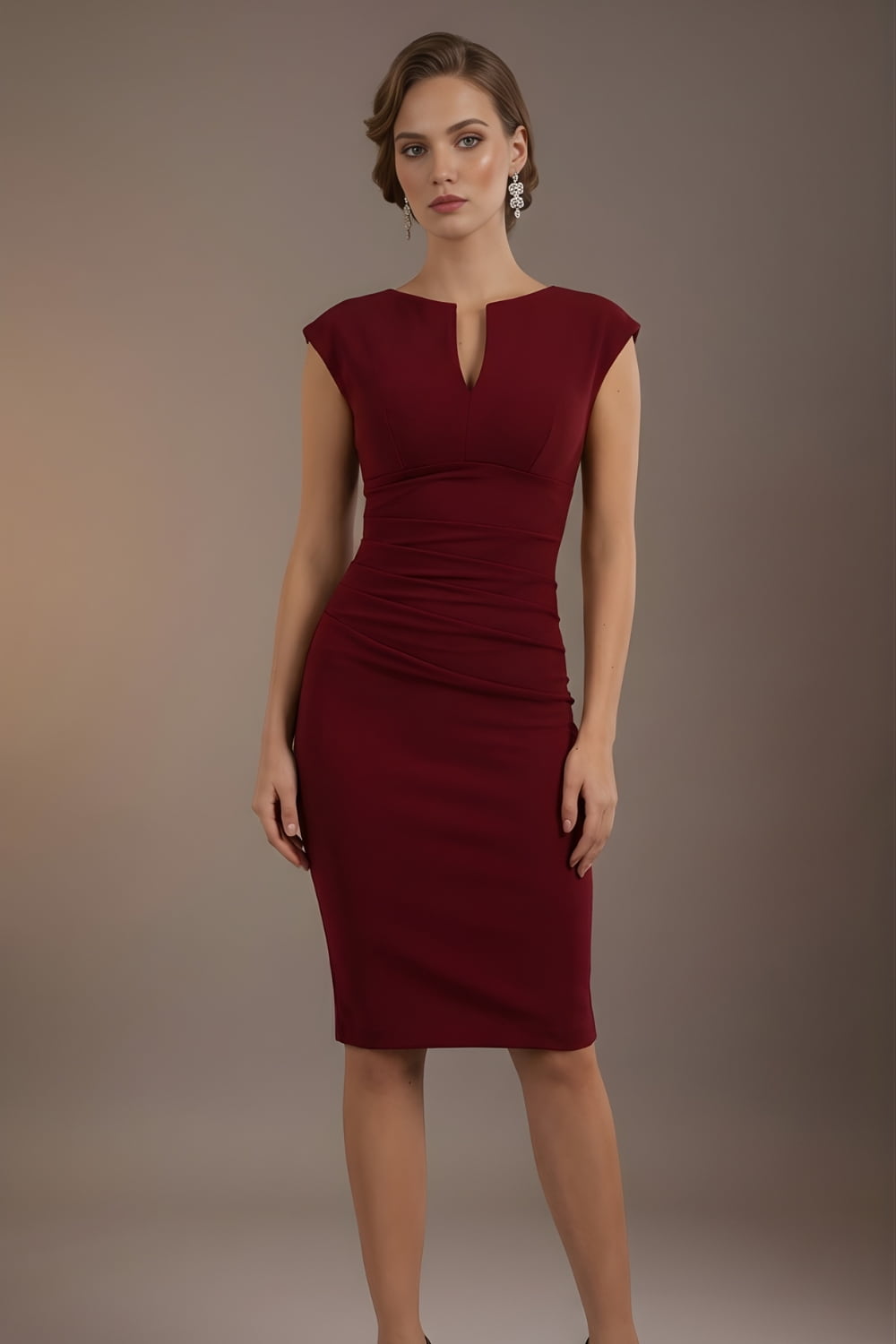 Woman wearing a burgundy dress against a brown background (Cabaret Burgundy)