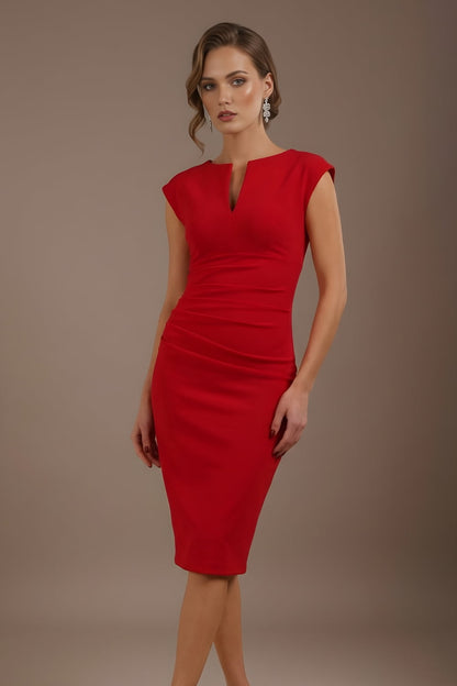 Woman wearing a red dress against a brown background (True Red)