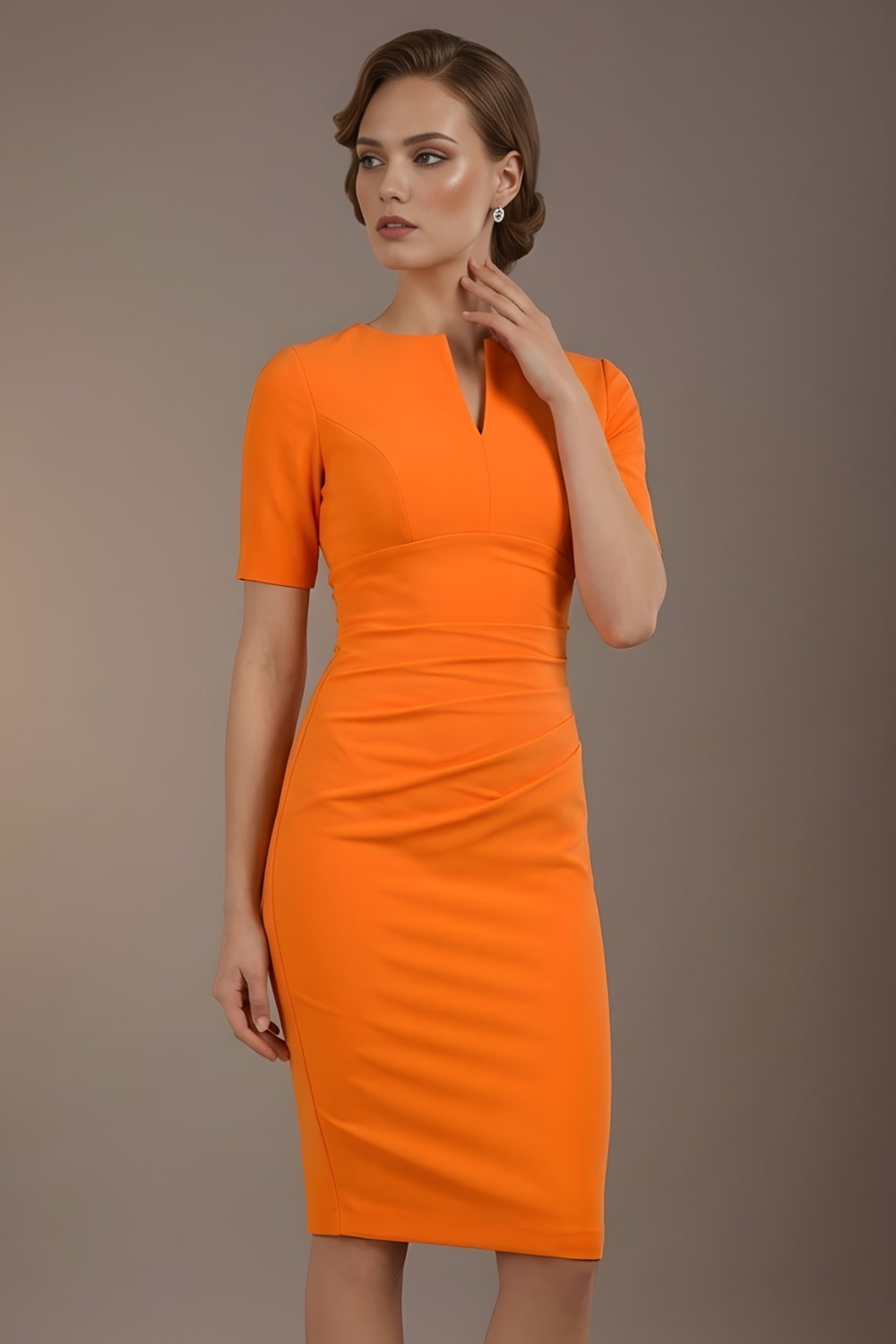 Woman wearing an orange dress against a brown background (Sun Orange)