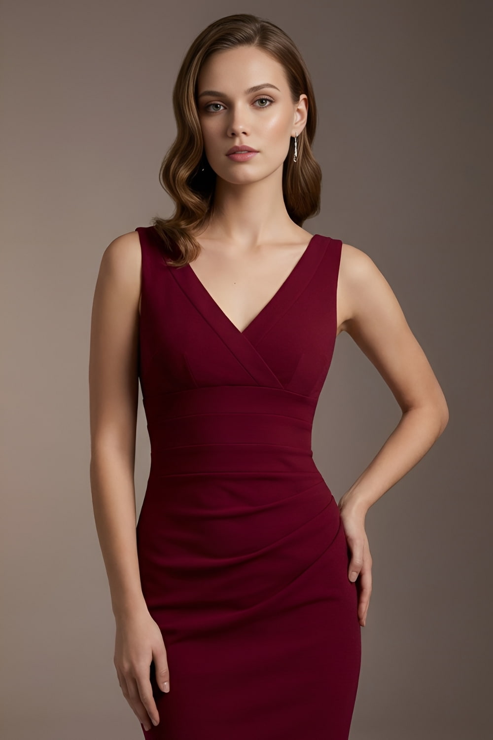 Woman wearing a burgundy dress against a brown background (Cabaret Burgundy)