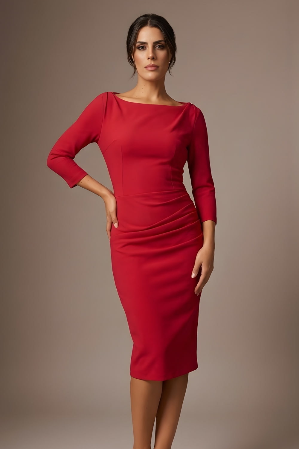 Woman wearing a red dress with a plain background - Seed Agatha Sleeved Pencil Dress (Crimson Pink)