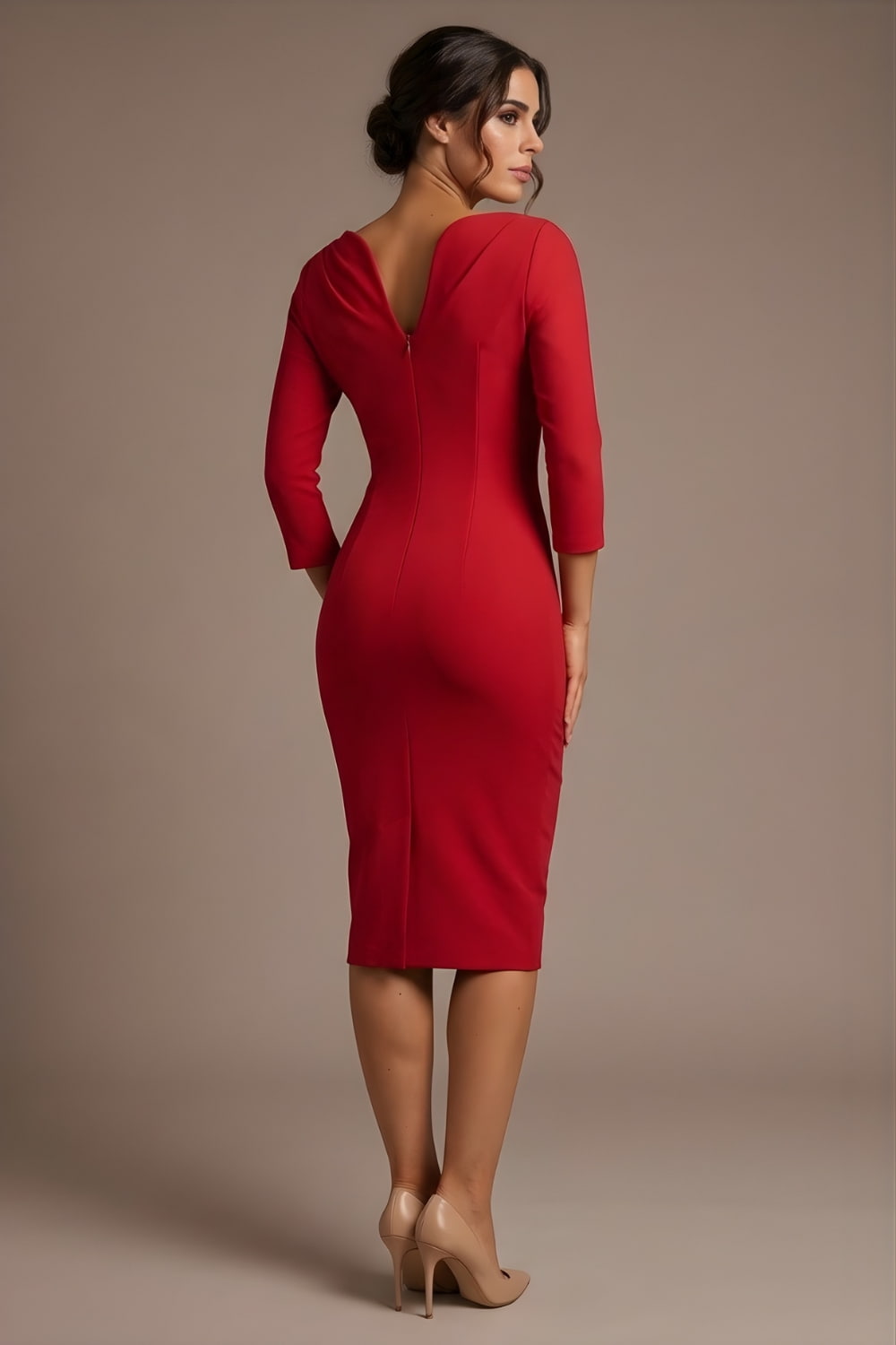 Woman wearing a red dress with a plain background back view- Seed Agatha Sleeved Pencil Dress (Crimson Pink)