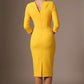 Woman wearing a diva catwalk light blue dress against a brown background back view - Seed Agatha Sleeved Pencil Dress (Daffodil Yellow)