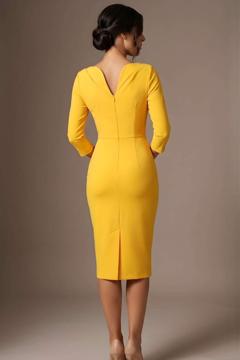 Woman wearing a diva catwalk light blue dress against a brown background back view - Seed Agatha Sleeved Pencil Dress (Daffodil Yellow)