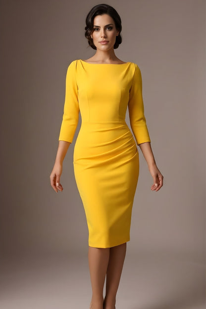 Woman wearing a yellow dress against a neutral background - Seed Agatha Sleeved Pencil Dress-(Daffodil Yellow)