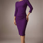 Woman wearing a diva catwalk purple dress against a neutral background - Seed Agatha Sleeved Pencil Dress (Imperial Royal Purple)