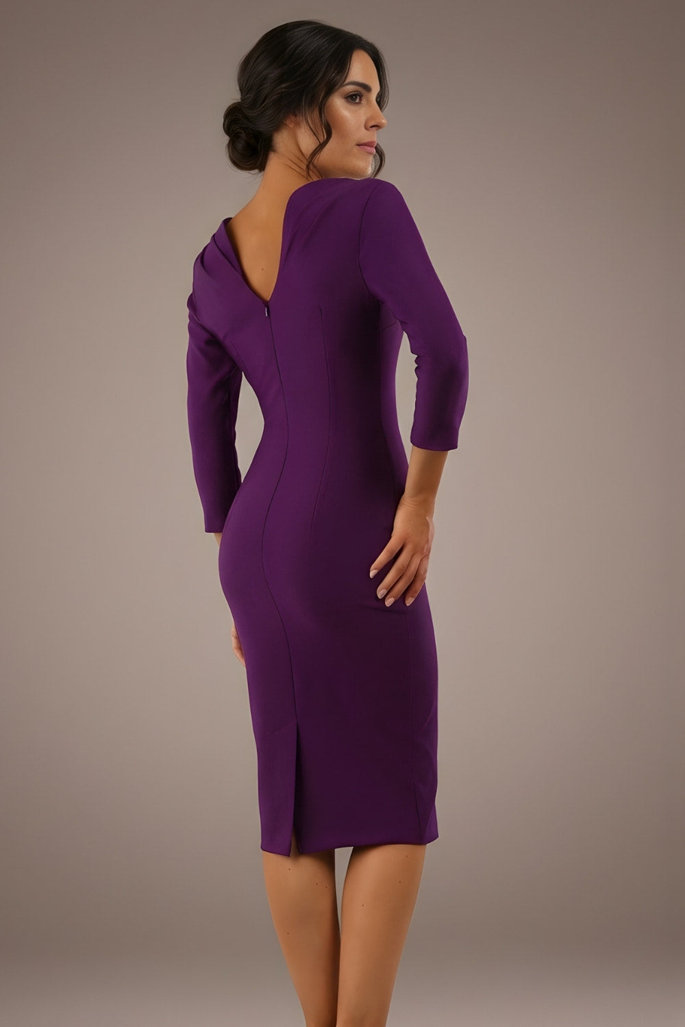 Woman wearing a diva catwalk red dress with a plain background back view- Seed Agatha Sleeved Pencil Dress (Imperial Royal Purple)