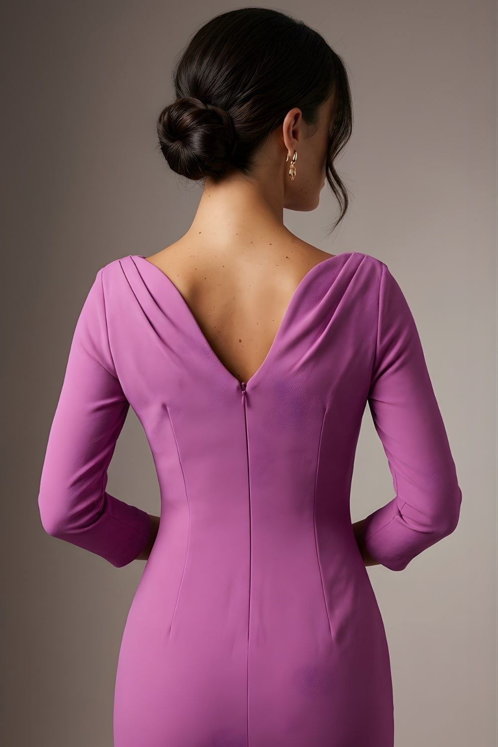 Woman wearing a diva catwalk red dress with a plain background back close up- Seed Agatha Sleeved Pencil Dress (Magenta Mist)