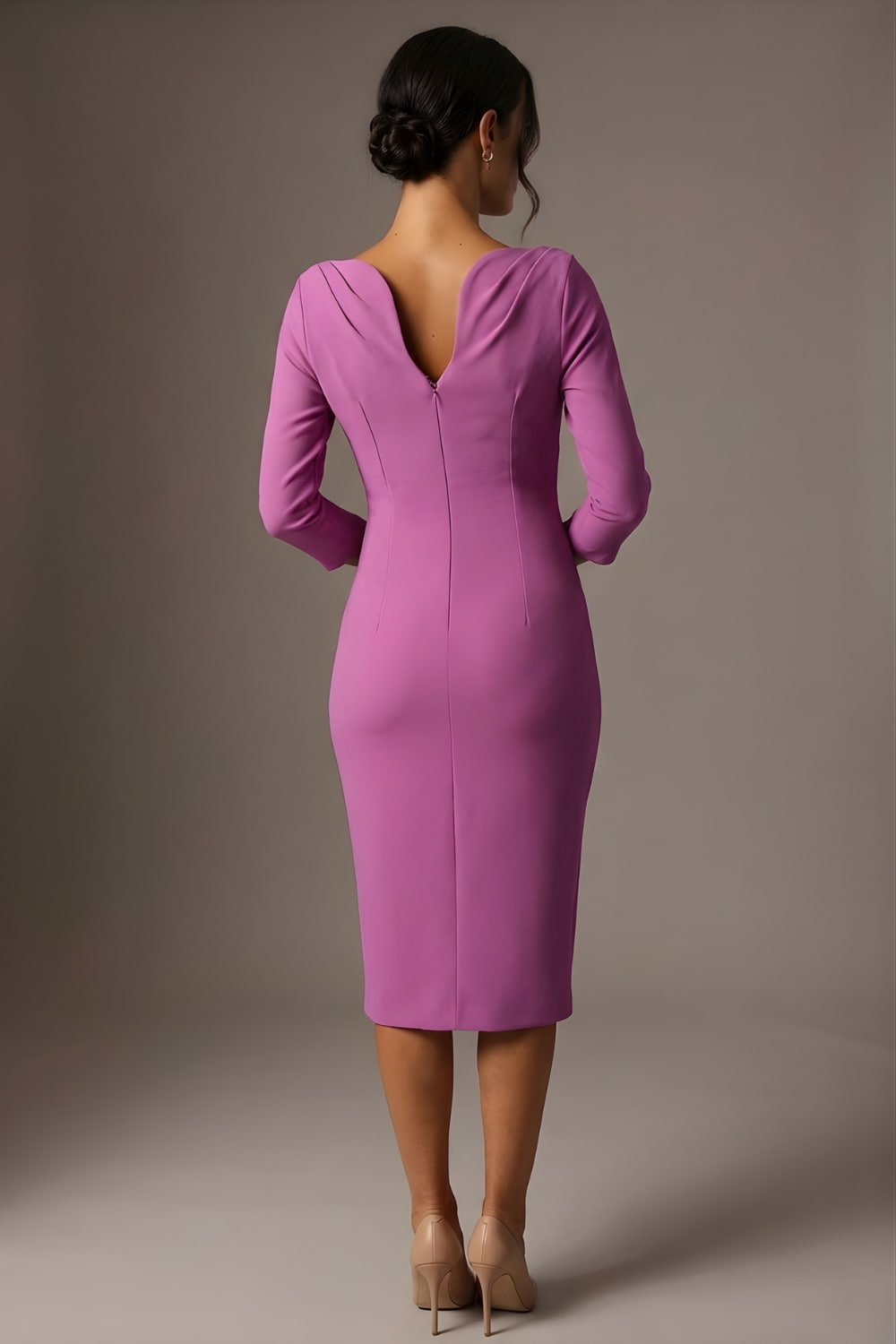 Woman wearing a diva catwalk red dress with a plain background back view - Seed Agatha Sleeved Pencil Dress (Magenta Mist)