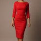 Woman wearing a diva catwalk purple dress against a neutral background - Seed Agatha Sleeved Pencil Dress (Salsa Red)