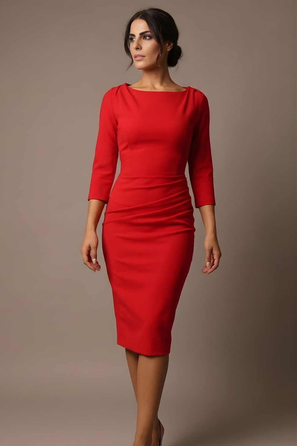 Woman wearing a diva catwalk purple dress against a neutral background - Seed Agatha Sleeved Pencil Dress (Salsa Red)