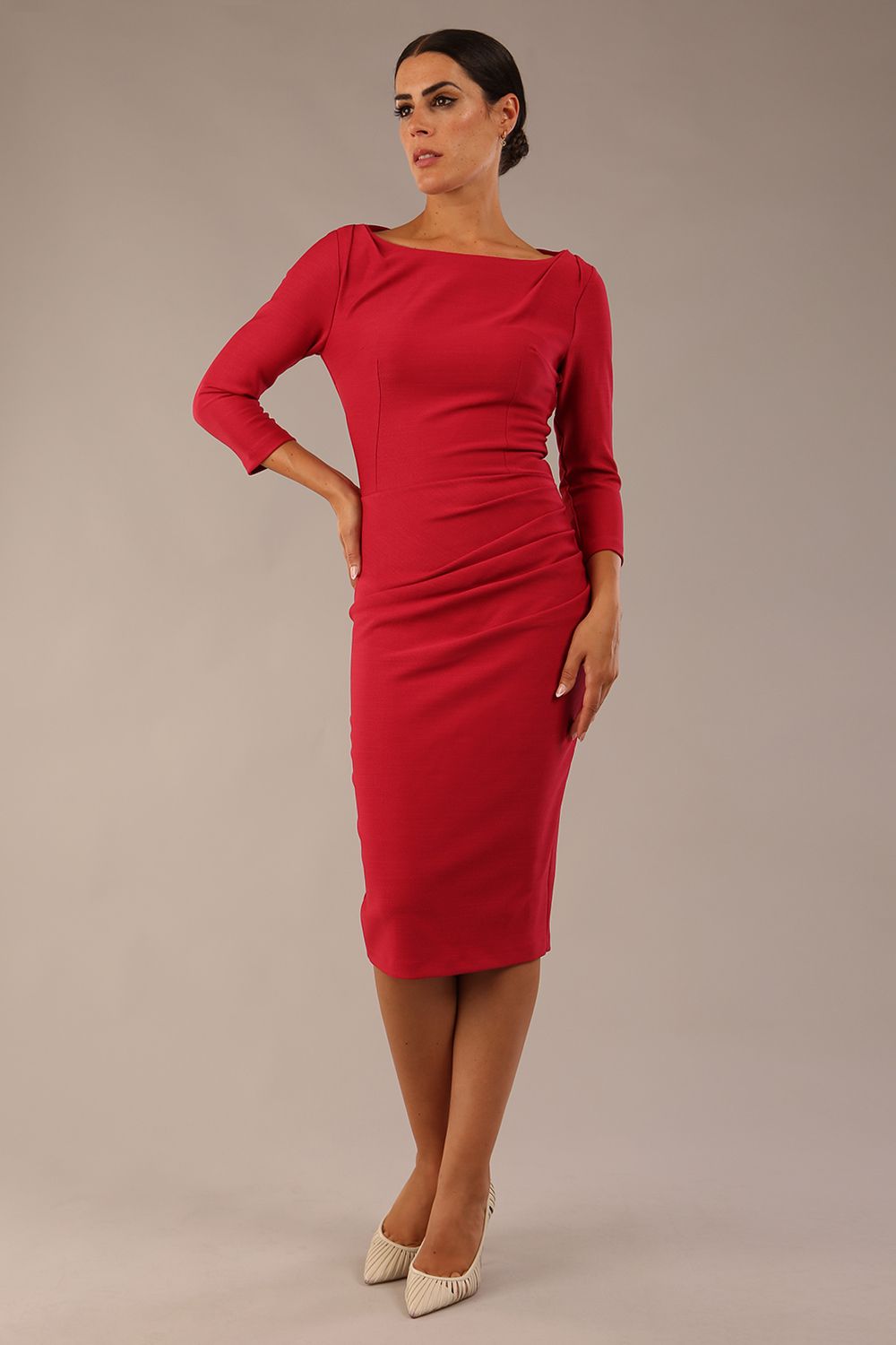 Model wearing the Seed Agatha in pencil dress design in crimson pink front image