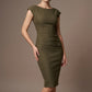 Woman wearing a diva catwalk green dress against a brown background - Seed Anna Sleeveless Pencil Skirt Dress (Olive Green)