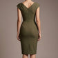 Woman wearing a diva catwalk green dress against a brown background back view- Seed Anna Sleeveless Pencil Skirt Dress (Olive Green)