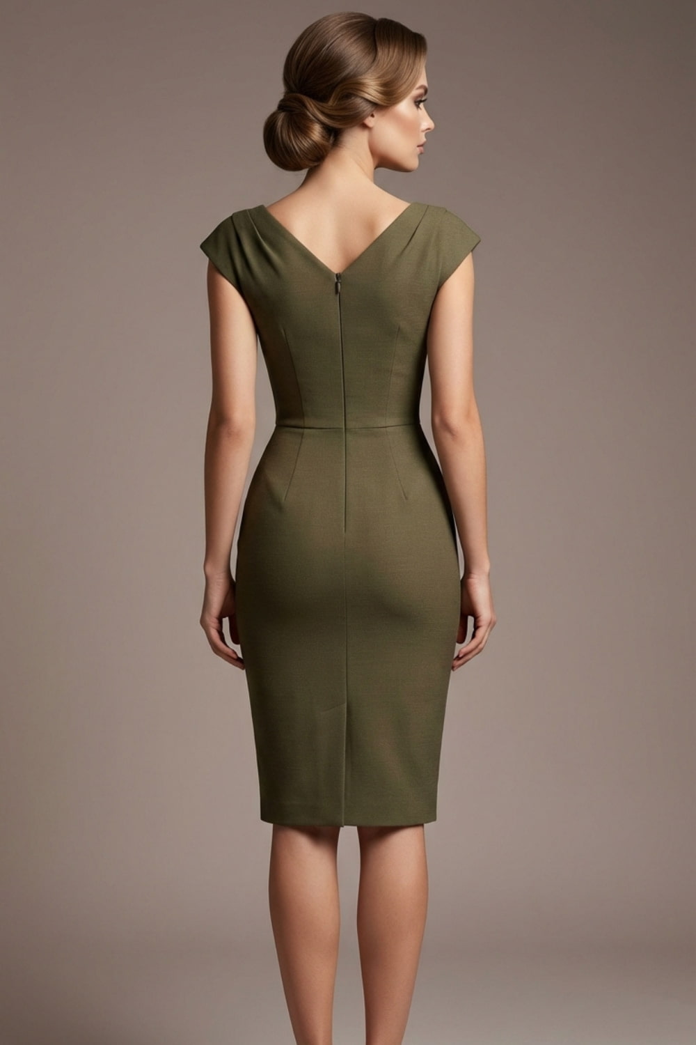Woman wearing a diva catwalk green dress against a brown background back view- Seed Anna Sleeveless Pencil Skirt Dress (Olive Green)