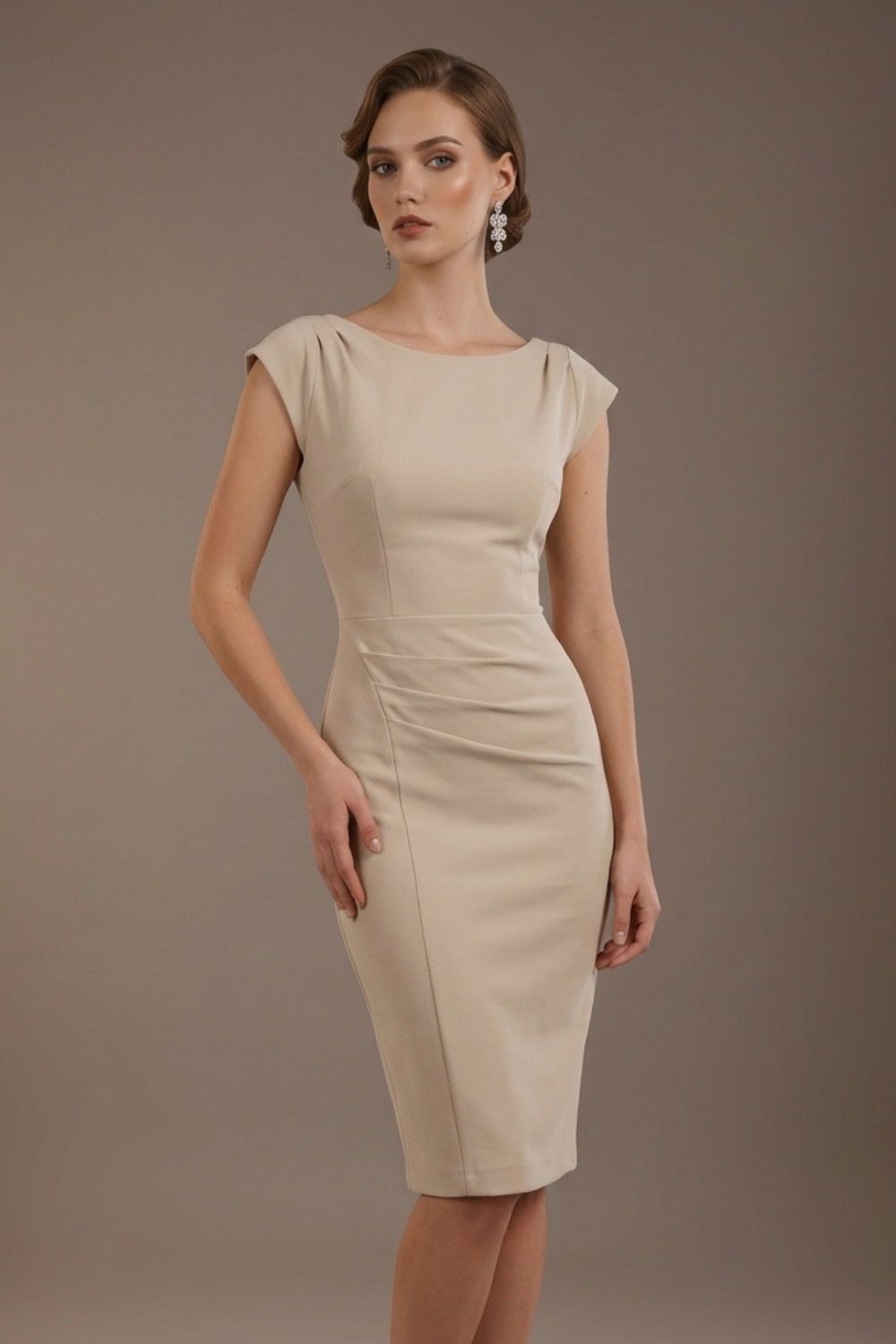 Woman wearing a diva catwalk green dress against a brown background - Seed Anna Sleeveless Pencil Skirt Dress (Sandy Cream)