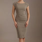 Woman wearing a diva catwalk green dress against a brown background - Seed Anna Sleeveless Pencil Skirt Dress (Taupe Brown)