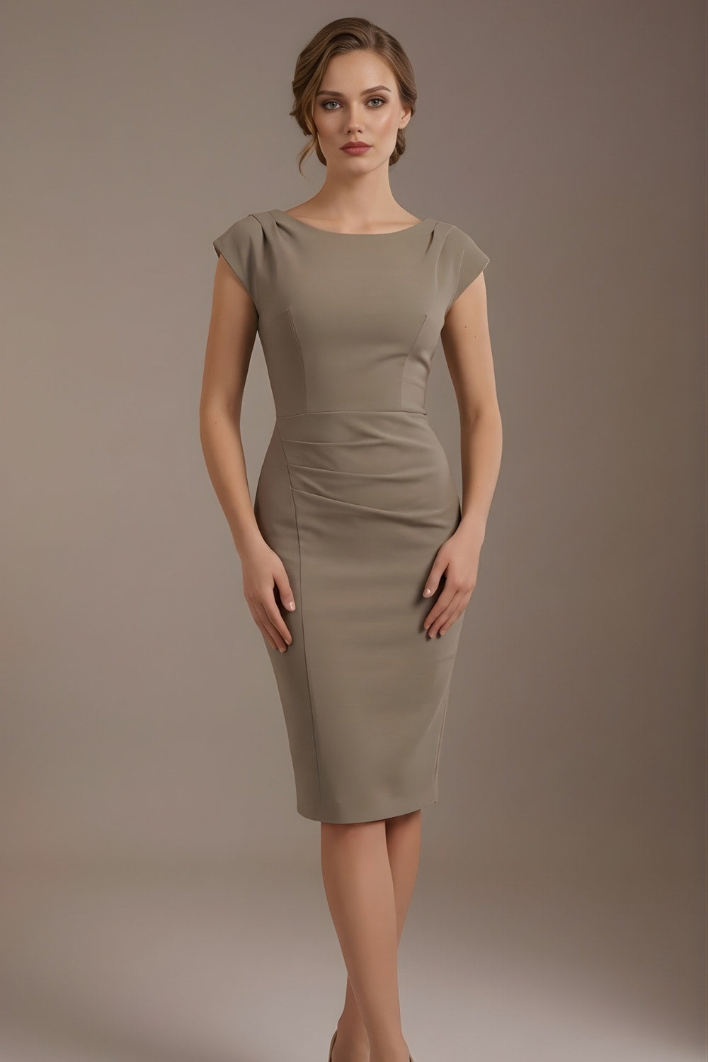 Woman wearing a diva catwalk green dress against a brown background - Seed Anna Sleeveless Pencil Skirt Dress (Taupe Brown)