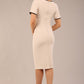 model wearing seed albany contrasted pencil-skirt dress with short sleeves and pleating across the tummy with low square neckline and contrasted detail finishing in sandy cream back