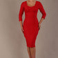 Woman wearing a diva catwalk salsa red Seed Greenwich Sleeved Pencil Dress with a plain background
