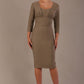 Woman wearing a diva catwalk Seed Greenwich Sleeved Pencil Dress in taupe brown colour with a plain background