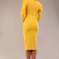 model is wearing A diva catwalk seed fitzrovia 3/4 sleeve pencil dress with round neckline and v-slit and pleating details on the skirt in daffodil yellow back