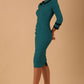 model wearing seed julia dress in harbour green colour