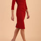 model wearing diva catwalk donna pencil dress in rose wood red colour with wide band and sleeves and rounded neckline with low split in front