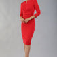 model wearing diva catwalk donna pencil dress with wide band and sleeves and rounded neckline with low split in electric red colour  front